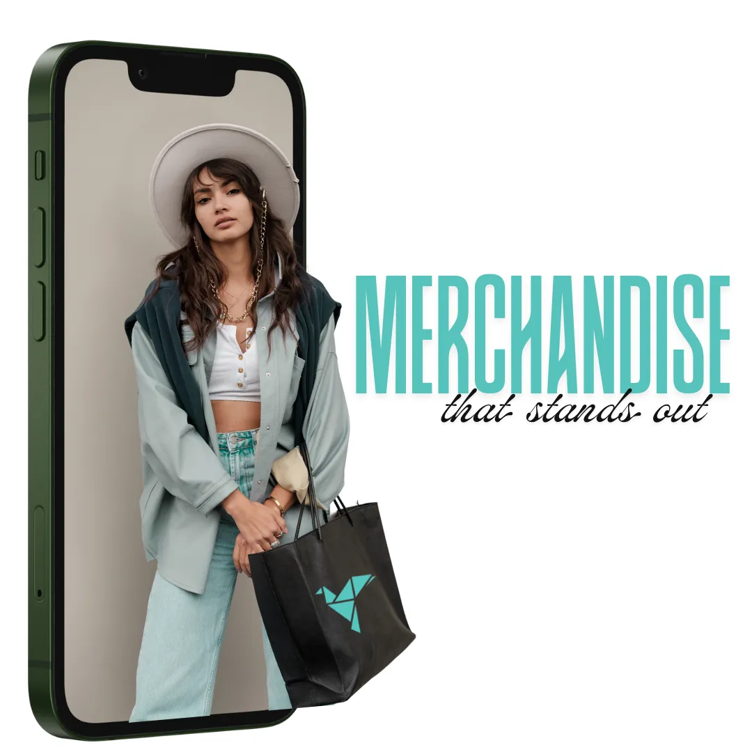 Model with a branded tote bag stepping out of a phone
